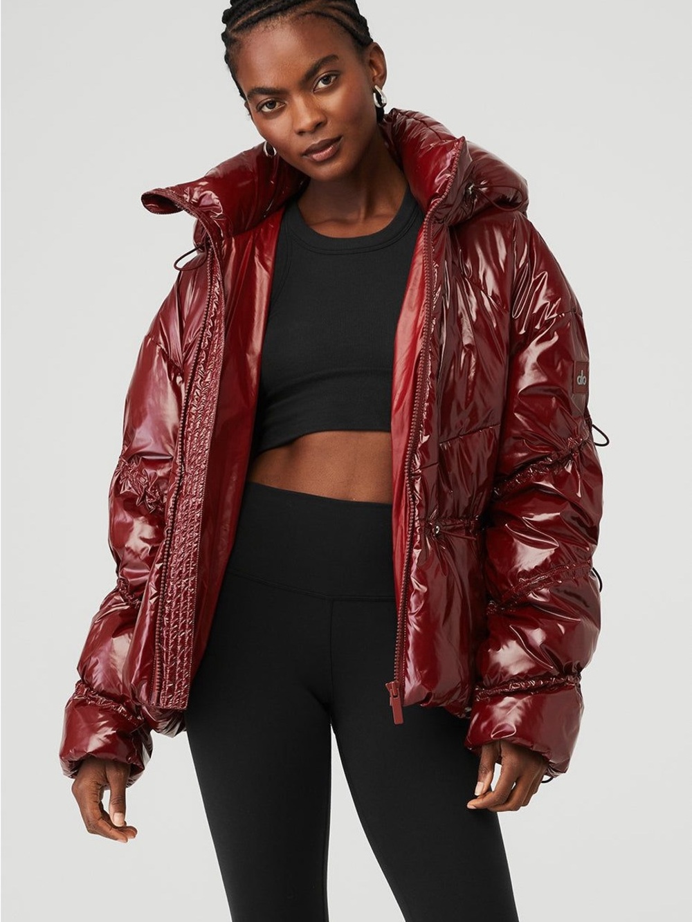 ALO Yoga Stunner Puffer Jacket Cranberry Glossy Hooded Size L